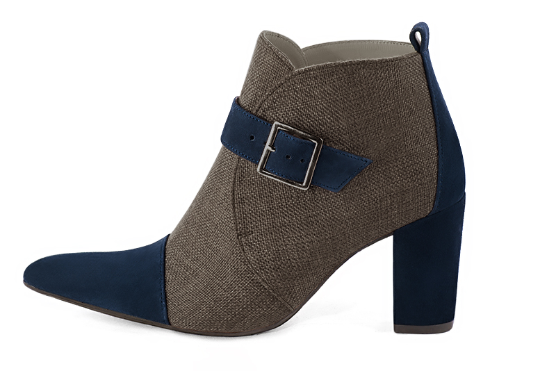 Navy blue and dark brown women's ankle boots with buckles at the front. Tapered toe. High block heels. Profile view - Florence KOOIJMAN